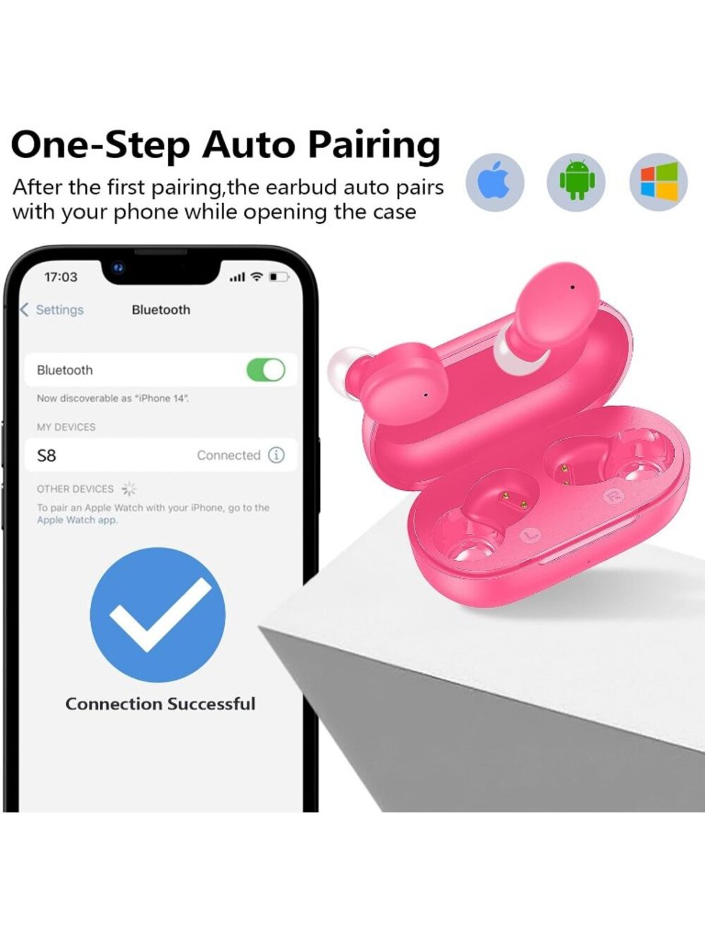 Wireless Hot Pink Earbuds Bluetooth 5.3 Deep Bass Sound Built in Mics Clear Call - Picture 2 of 7